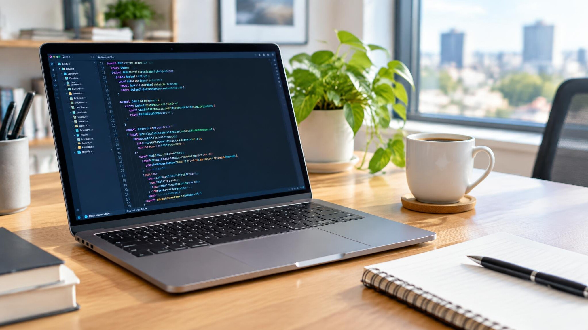 Laptop with programming code on a desk in a bright office
