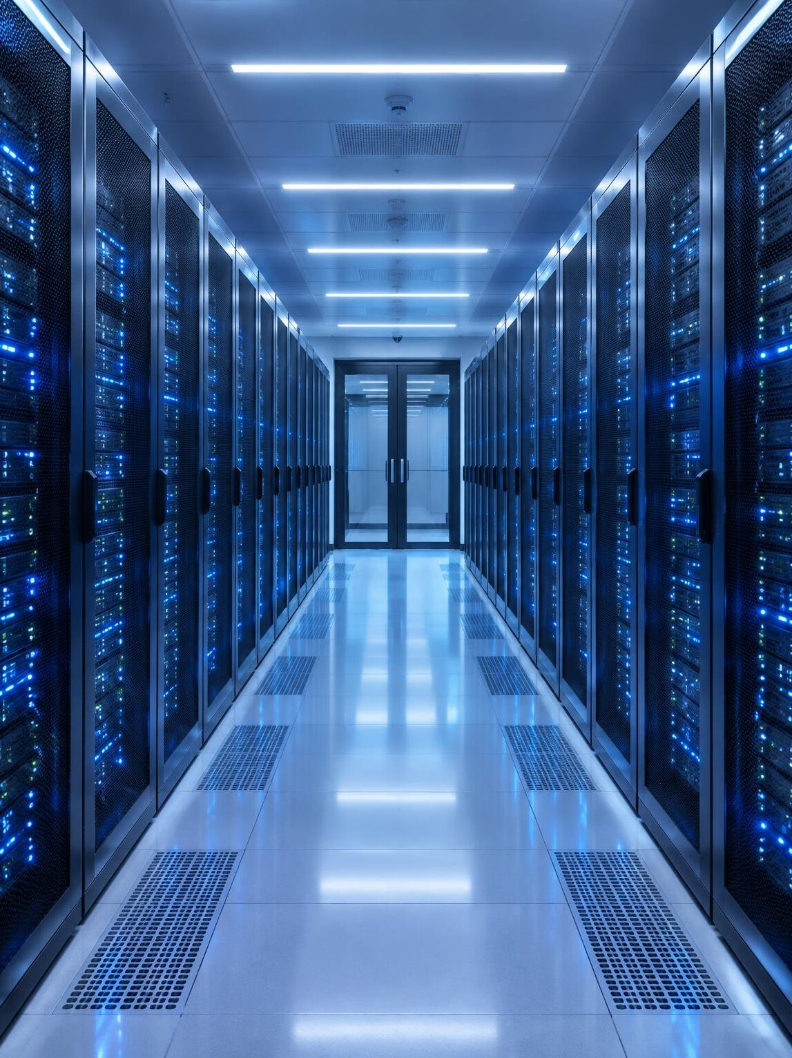 Rows of servers in a data center with blue lights