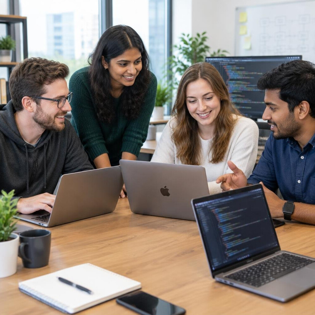 Team of software developers working together at laptops