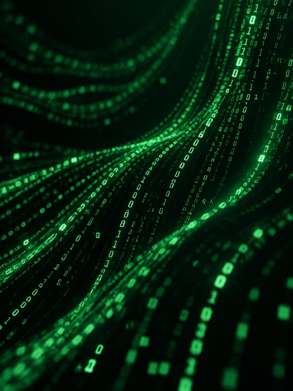 Green digital code characters falling on a dark screen