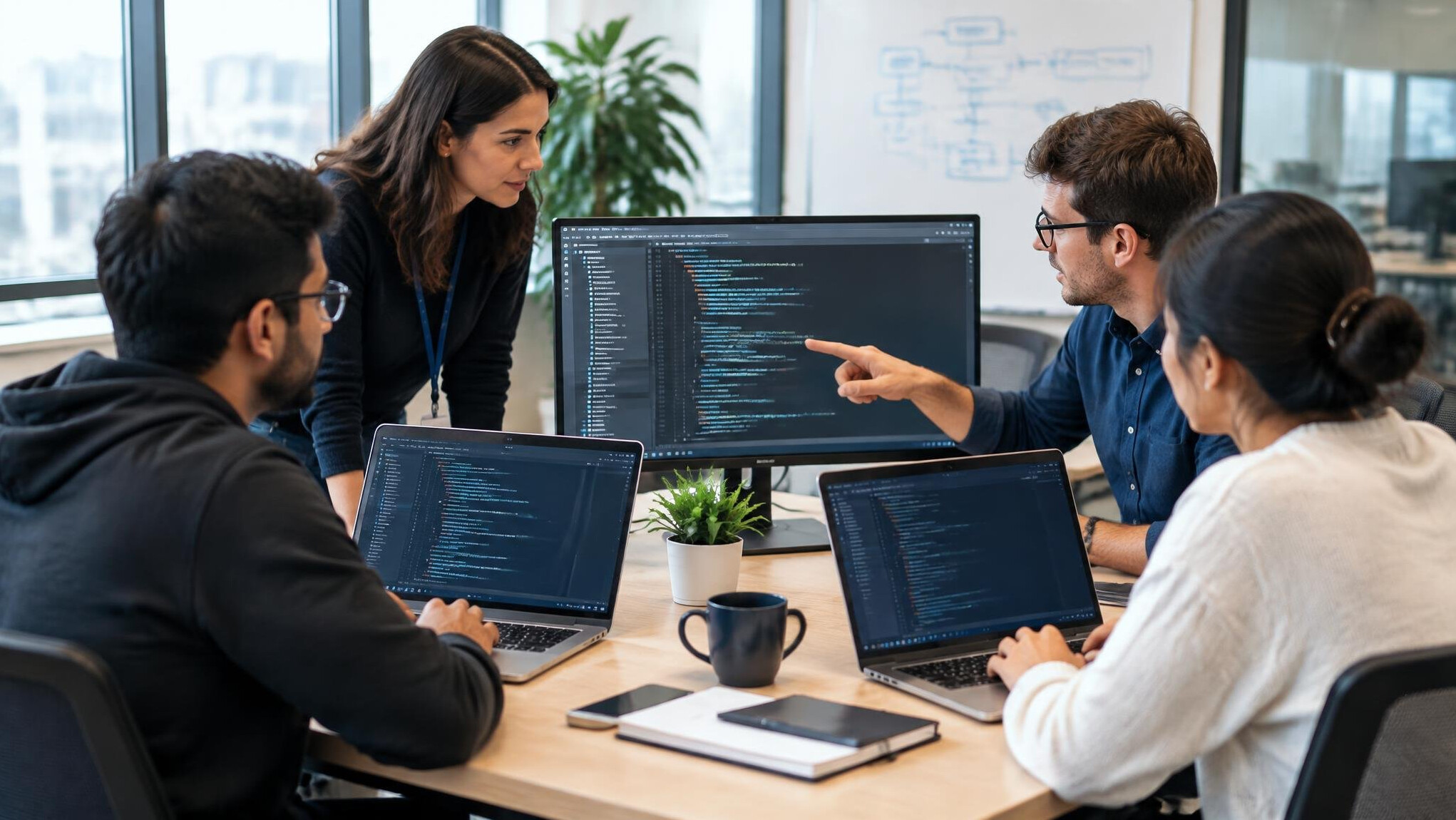 corporate team collaborating on software